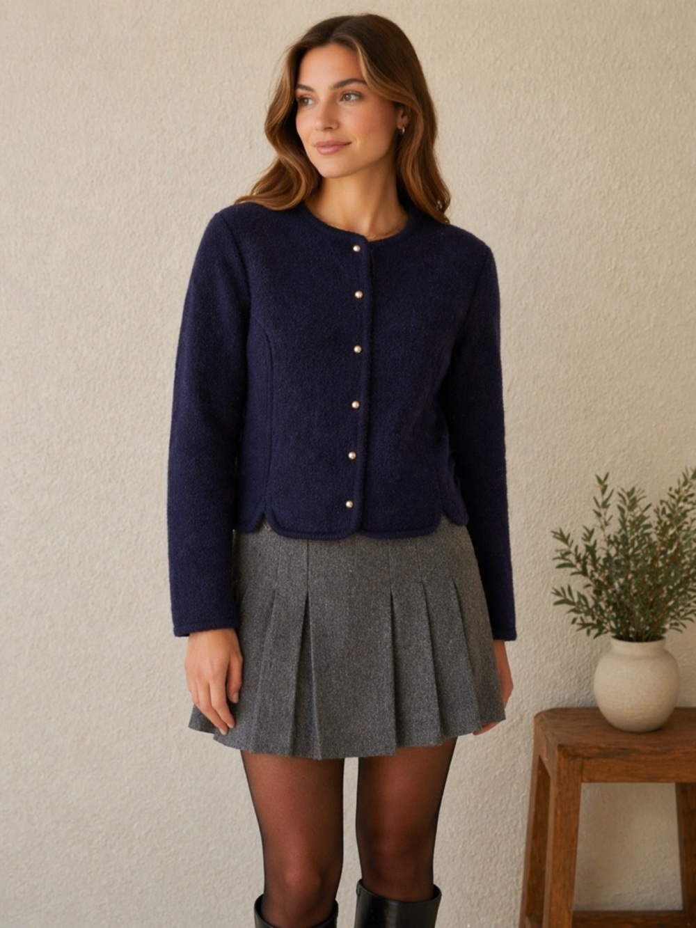 Eagle’s Eye Boiled Wool Cardigan Jacket Navy Blue Classic Cozy